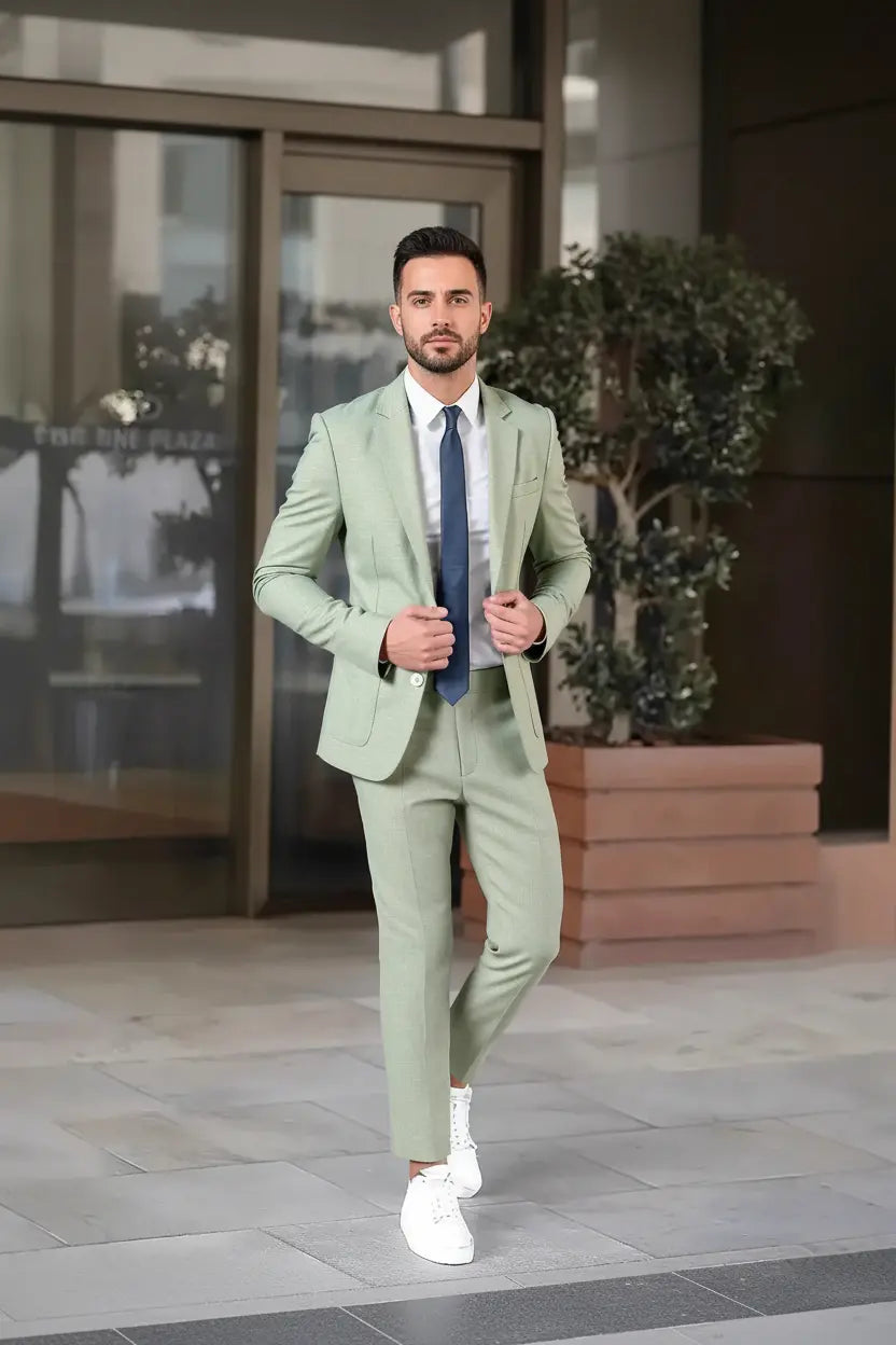 Expanded Sage Green Suit Navy Tie - Full Model