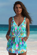 Modlily Tropical Plants Print Cyan One Piece Swimdress Modlily