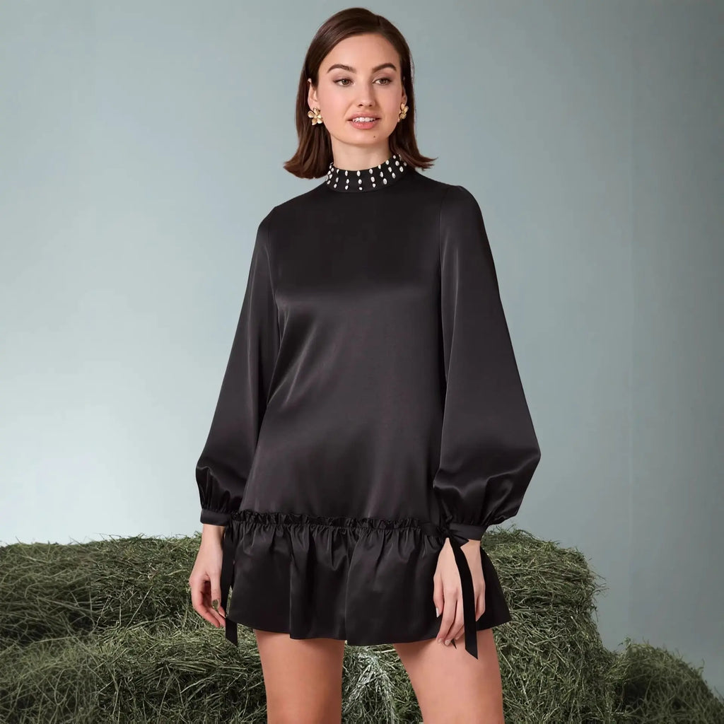 Solid-color Satin Dress With Intricate Pearl Detailing At The Neckline style-haven-vwag8