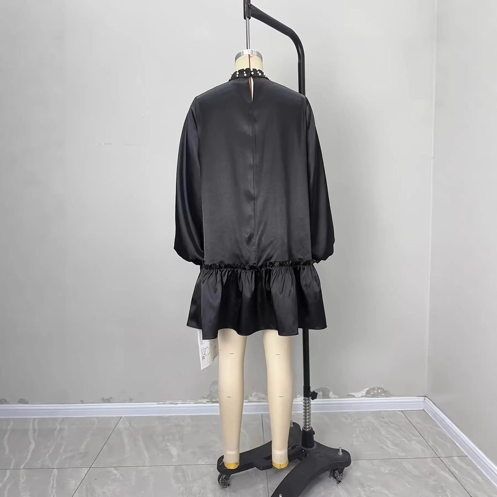Solid-color Satin Dress With Intricate Pearl Detailing At The Neckline style-haven-vwag8