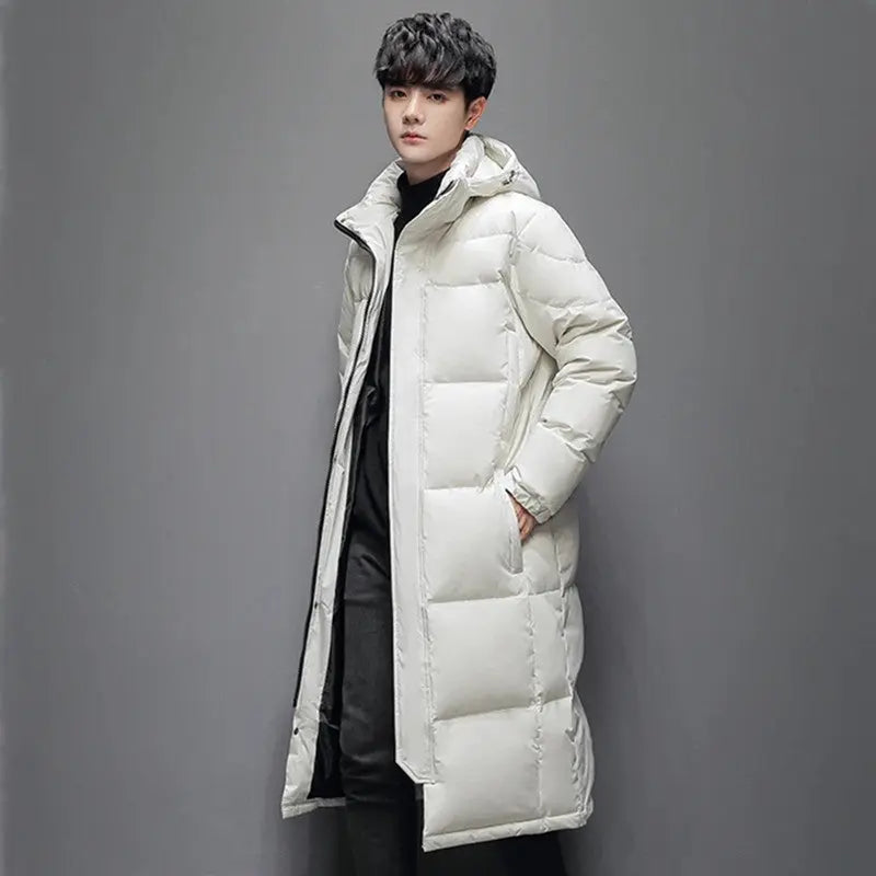 Long Hooded White Duck Down Coat — Below the Knee style-haven-vwag8