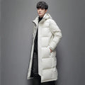 Long Hooded White Duck Down Coat — Below the Knee style-haven-vwag8
