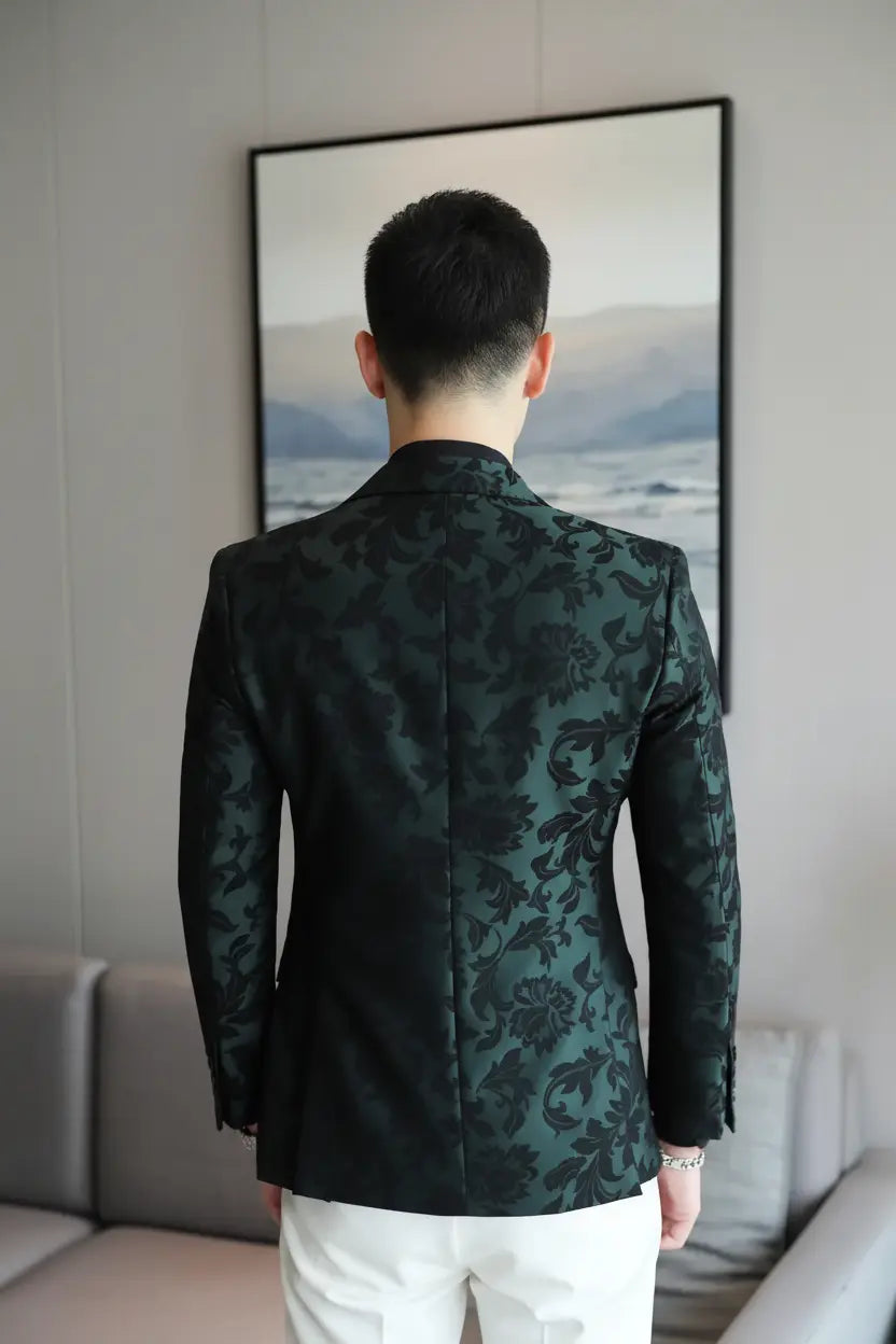 Green Floral Blazer — Back View Full Model