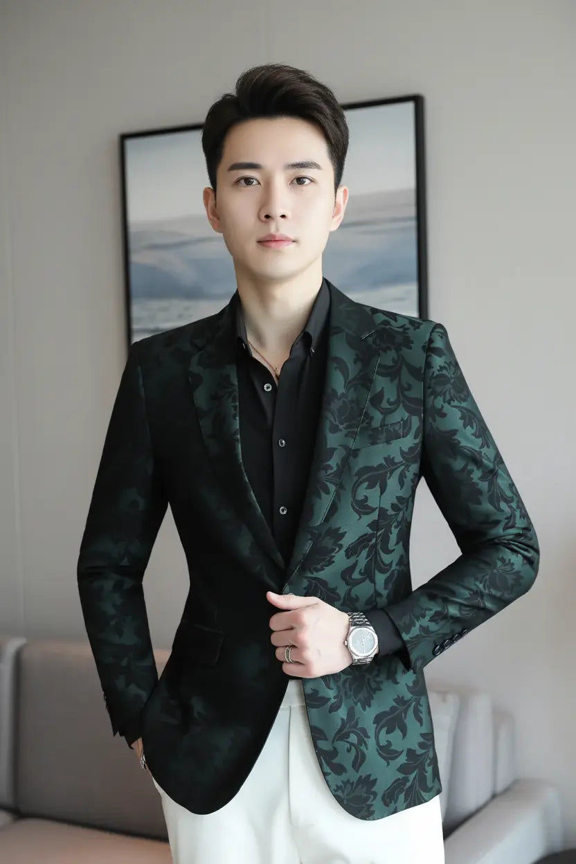 Green Floral Blazer — Front View Full Model