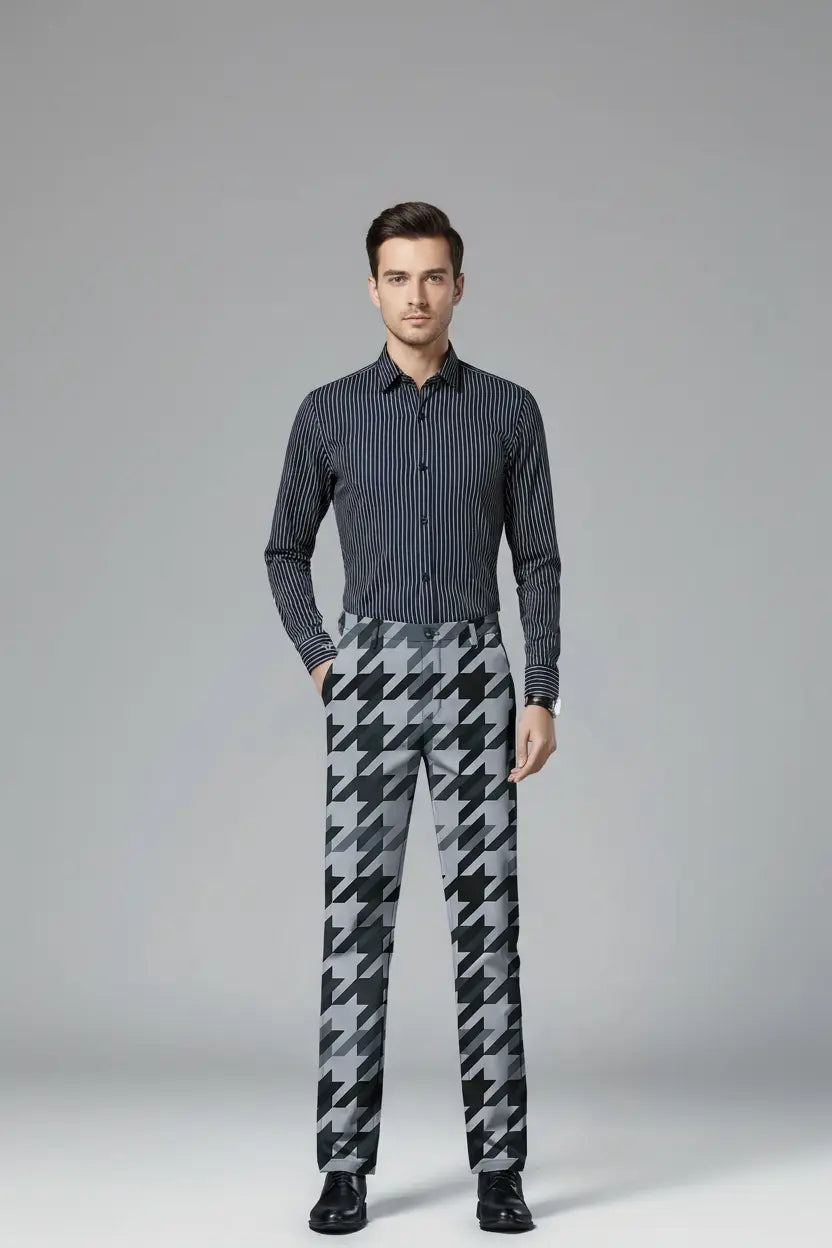 Grey & Black Houndstooth Trousers – Full Model View