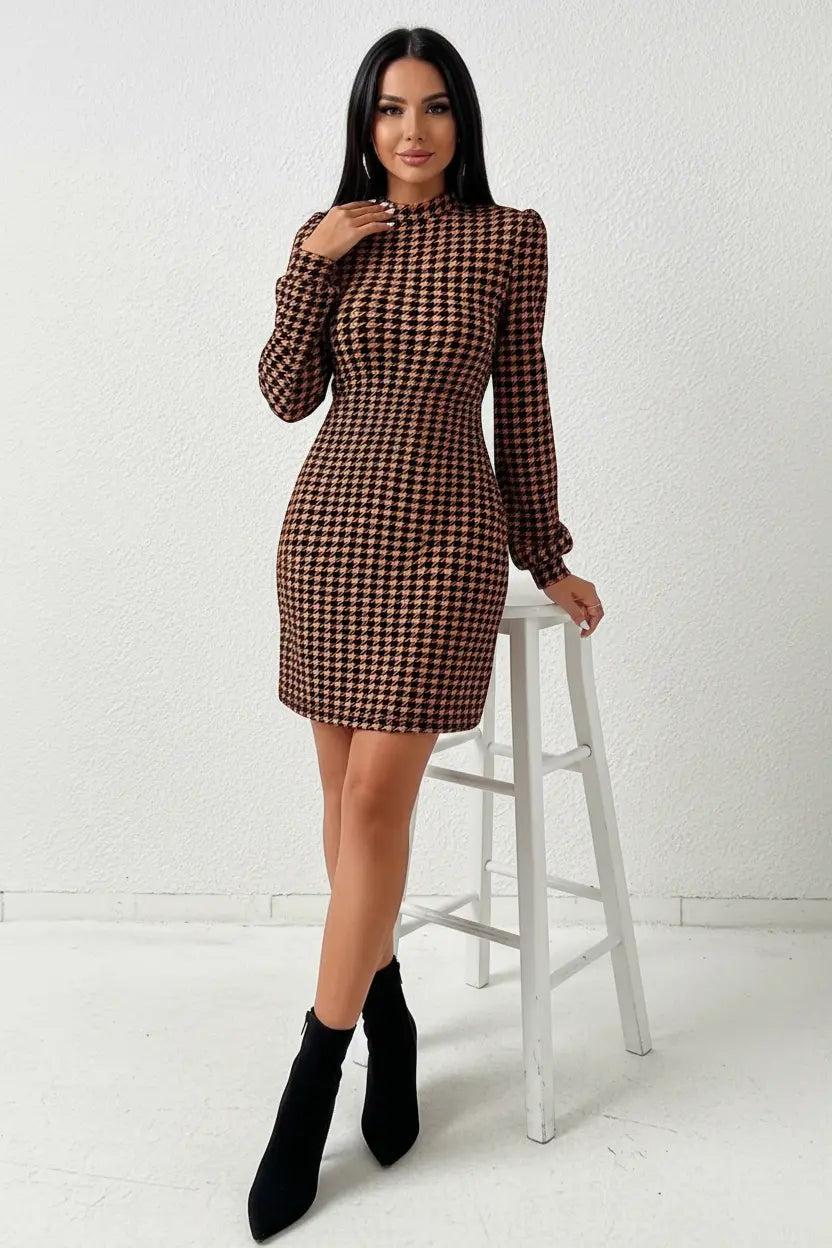 Women's Houndstooth Print Bodycon Maxi Dress Style Haven