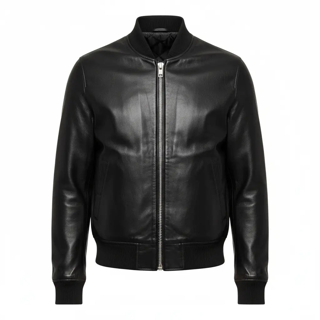 Premium Leather Bomber Jacket - Classic black leather bomber with ribbed collar and cuffs