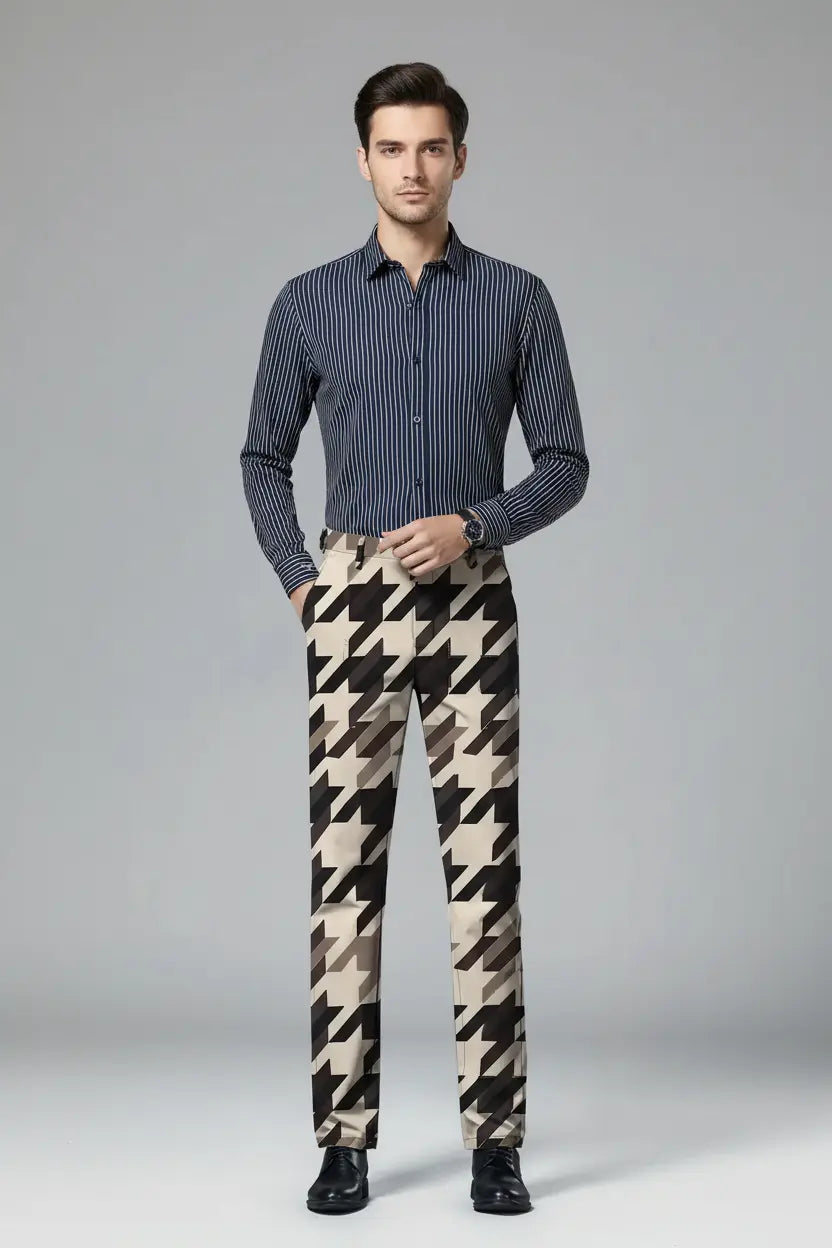 Khaki & Black Houndstooth Trousers – Full Model View