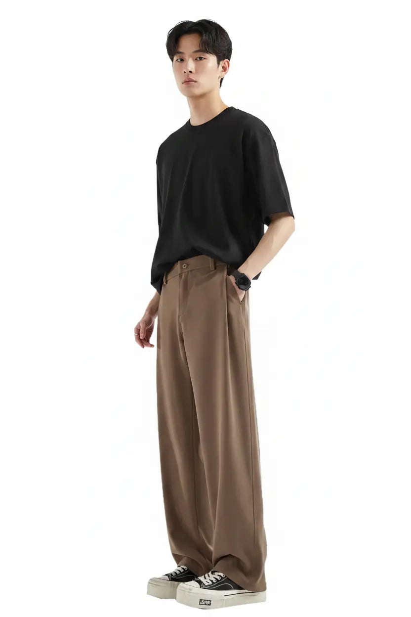 Mocha Brown Wide-Leg Trousers – Full Model View