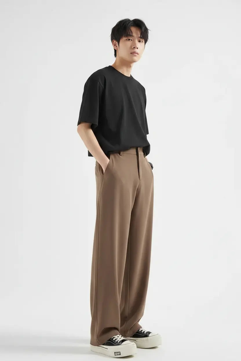 Mocha Brown Wide-Leg Trousers Side View – Full Model View