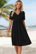 Modlily Black Short Shirred V Neck Dress - Full View