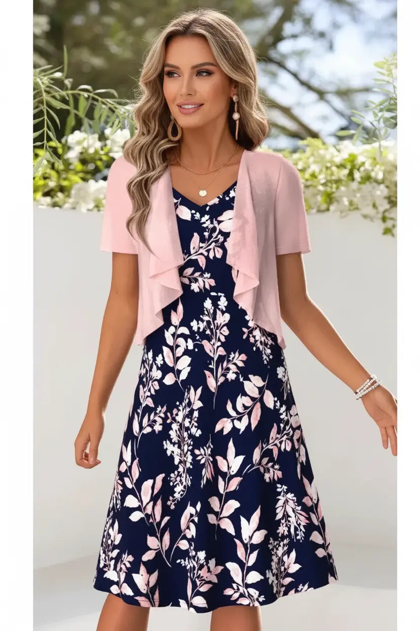 Women's Pink Leaf Print Tummy Coverage Dress & Cardigan Set Style Haven