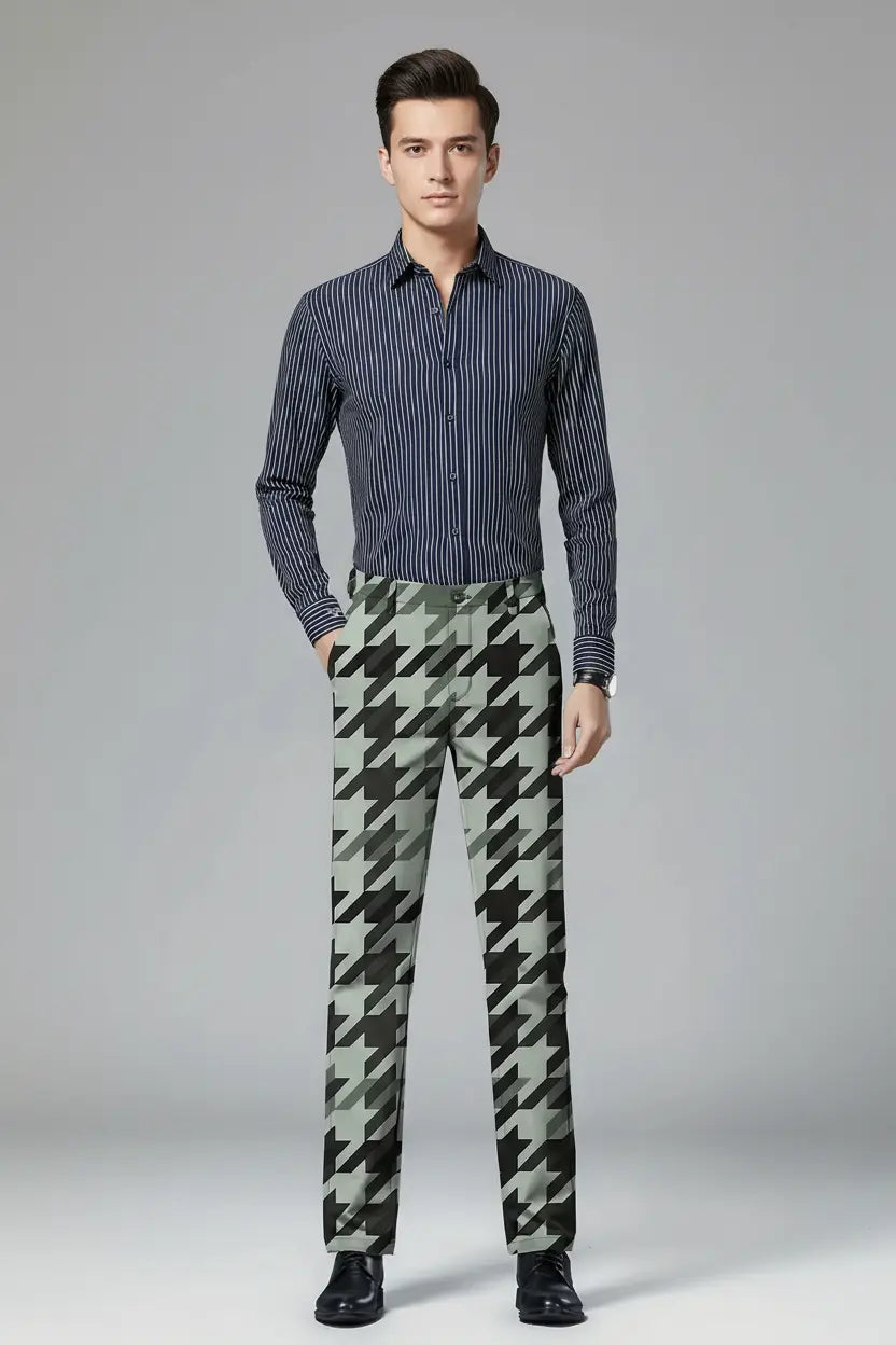 Sage Green & Black Houndstooth Trousers – Full Model View