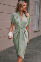 Sage Green V-Neck Wrap Dress - Full Head