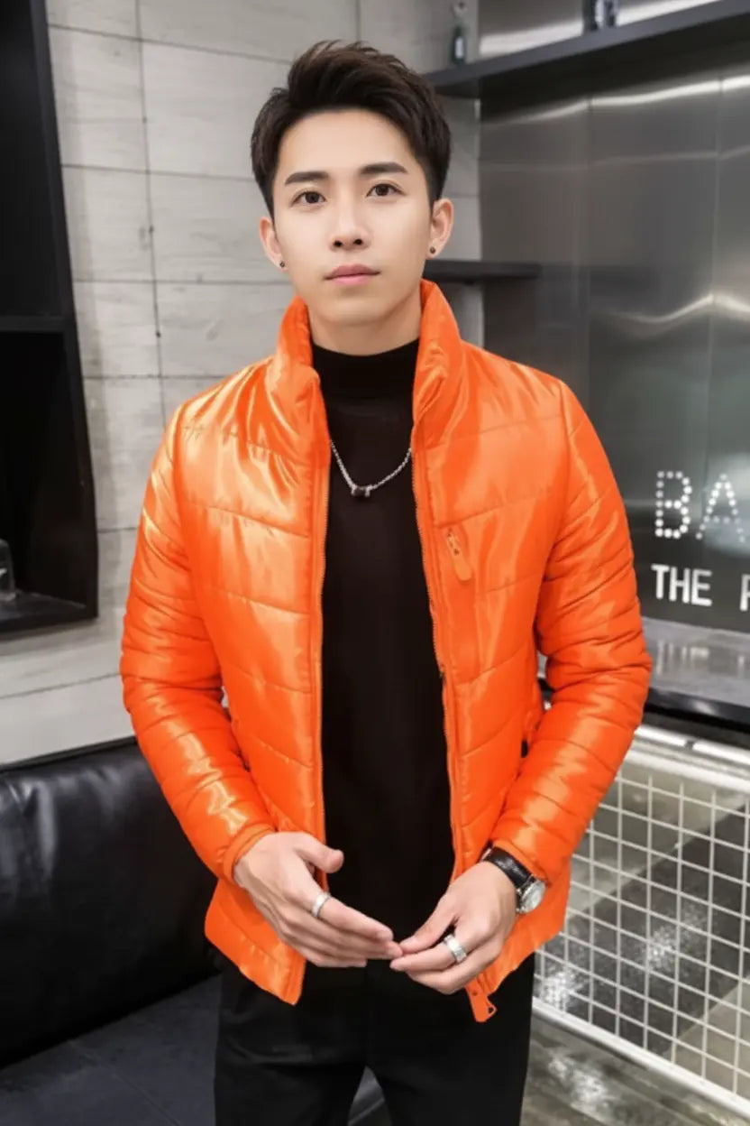 Shiny Orange Puffer Jacket — Full Frame