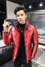 Shiny Red Puffer Jacket — Full Frame