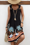 Women's Black Circular Ring Leaf Print A-Line Sleeveless Dress Modlily