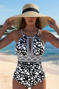 Women's Criss Cross Mid Waist Tribal Print Black Tankini Set Style Haven