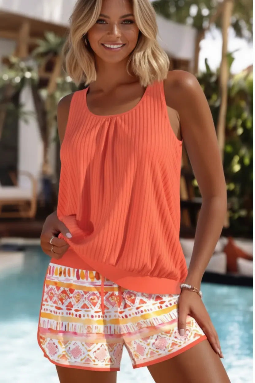 Women's Mid Waist Geometric Print Orange Tankini Set Style Haven