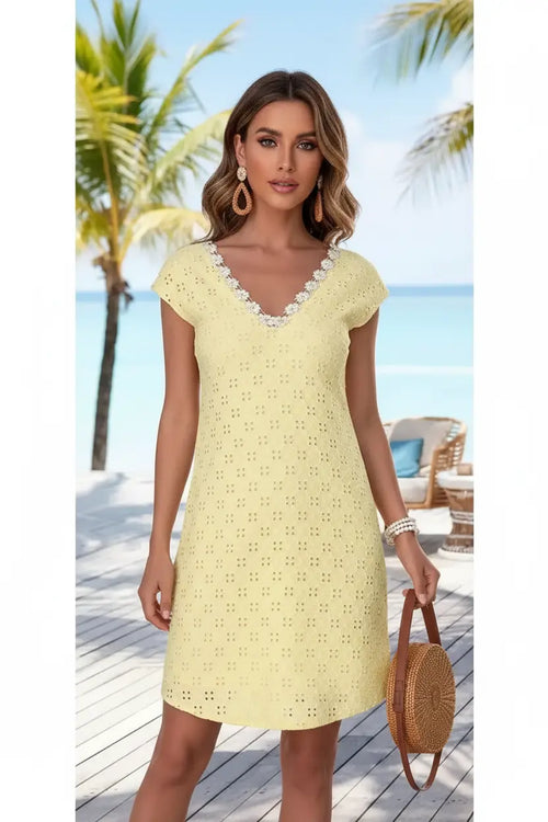 Women's Light Yellow Bowknot V-Neck Dress Style Haven